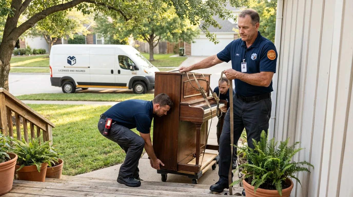 Licensed piano movers securing grand piano in Clarendon Hills, IL
