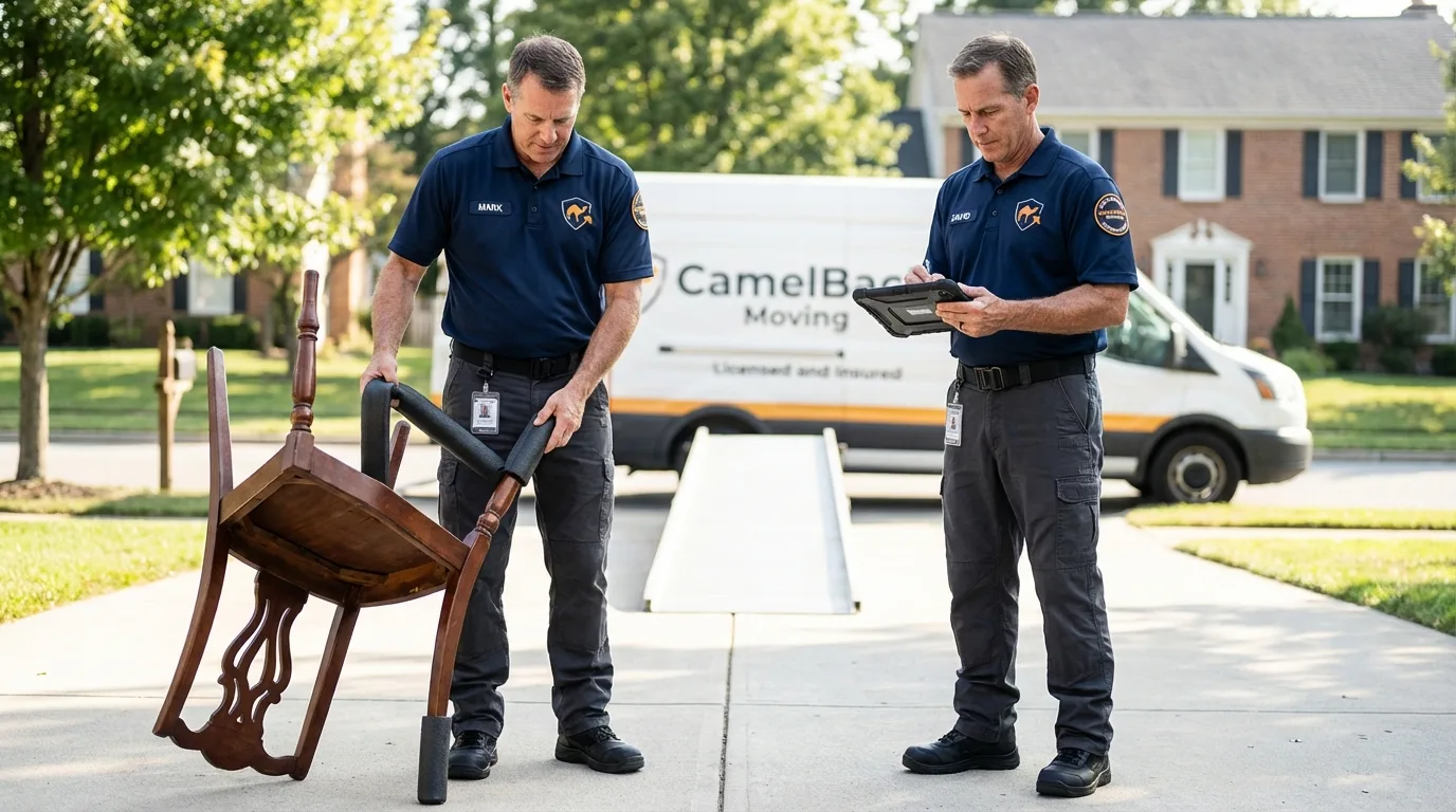 Movers inspecting furniture for damage prevention before loading in Clarendon Hills, IL