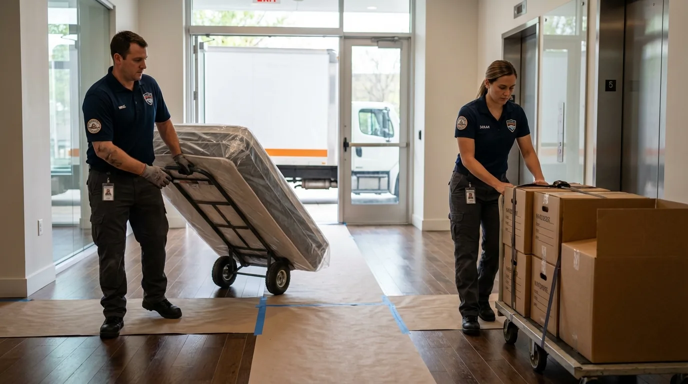 Professional apartment movers loading elevator in Clarendon Hills, IL