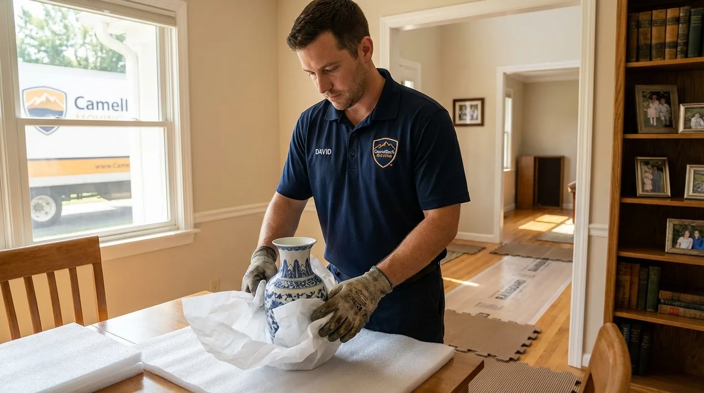 Professional crew carefully wrapping antique vase for senior downsizing move in Clarendon Hills, IL
